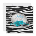 Girls Teal Blue Zebra Graduation Announcements