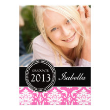 GIRLY BLACK PINK DAMASK GRADUATE PARTY INVITE