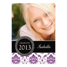GIRLY BLACK PURPLE DAMASK GRADUATE PARTY INVITES