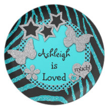 Girly Blue, Black Zebra, Glitter Melamine Plate