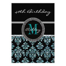 Girly Blue Glitter Black Damask 40th Birthday Invitations