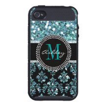 Girly Blue Glitter Black Damask Monogrammed iPhone 4/4S Cover