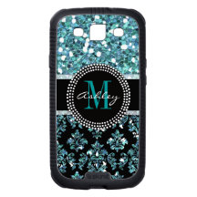 Girly Blue Glitter Black Damask Monogrammed Galaxy SIII Case