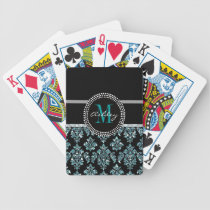 Girly Blue Glitter Black Damask Personalized playing cards