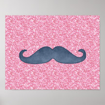 GIRLY BLUE MUSTACHE PINK GLITTER PHOTO POSTERS