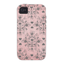 girly chic grey heart swirl damask on grunge pink iPhone 4/4S cases