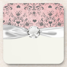 girly chic grey heart swirl damask on grunge pink coaster