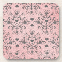 girly chic grey heart swirl damask on grunge pink coasters