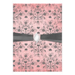 girly chic grey heart swirl damask on grunge pink announcement