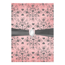 girly chic grey heart swirl damask on grunge pink announcement