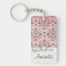 girly chic grey heart swirl damask on grunge pink rectangle acrylic keychains