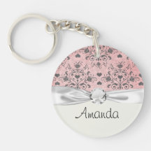 girly chic grey heart swirl damask on grunge pink acrylic key chains