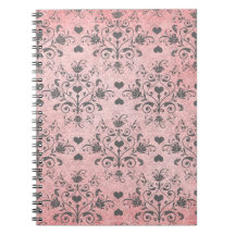girly chic grey heart swirl damask on grunge pink spiral note book