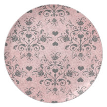 girly chic grey heart swirl damask on grunge pink dinner plate