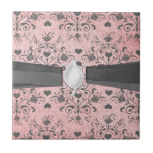 girly chic grey heart swirl damask on grunge pink ceramic tile