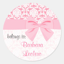 Girly Elegant Pink Damask Wrap Bow Personalized Stickers