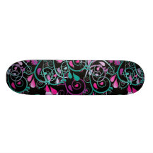Girly Floral Swirls Pink Teal Purple on Black Skateboard Decks