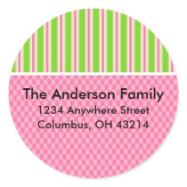 Girly Girl Checks & Stripes Return Address Labels Round Stickers