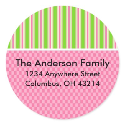 Girly Girl Checks & Stripes Return Address Labels Round Stickers by mrssocolov2