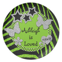 Girly Lime, Black Zebra, Glitter Melamine Plate