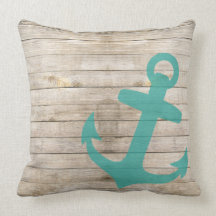 Girly Nautical Blue Anchor and Wood Look Pillow