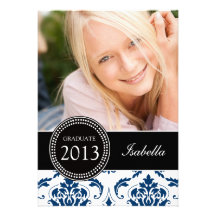 GIRLY NAVY BLUE DAMASK GRADUATE PARTY PERSONALIZED INVITATION