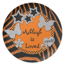 Girly Orange, Black Zebra, Glitter Melamine Plate