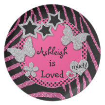 Girly Pink, Black Zebra, Glitter Melamine Plate