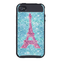 Girly Pink Eiffel Tower, teal blue glitter photo