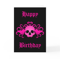 Girly pink goth fanged vampire skull on black card