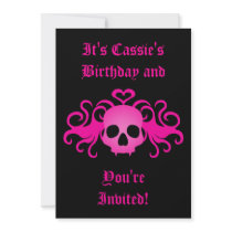 Girly pink goth fanged vampire skull on black custom invitations
