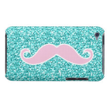 GIRLY PINK MUSTACHE ON TEAL GLITTER EFFECT iPod Case-Mate CASES
