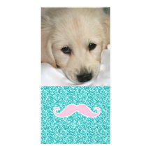GIRLY PINK MUSTACHE ON TEAL GLITTER EFFECT PHOTO CARDS