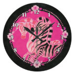 Girly Pink Zebras on Black Round Clocks