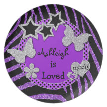 Girly Purple, Black Zebra, Glitter Melamine Plate