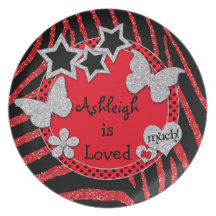 Girly Red, Black Zebra, Glitter Melamine Plate