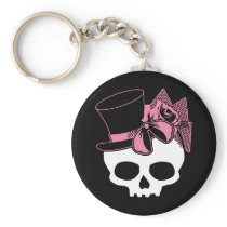 Girly Skull with Hat and Pink Bow Key Chain