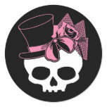 Girly Skull with Hat and Pink Bow Round Sticker