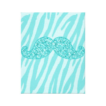 GIRLY TEAL GLITTER MUSTACHE ZEBRA STRIPES STRETCHED CANVAS PRINTS