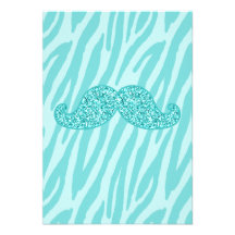 GIRLY TEAL GLITTER MUSTACHE ZEBRA STRIPES CUSTOM ANNOUNCEMENT