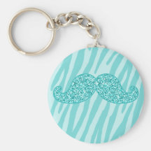 GIRLY TEAL GLITTER MUSTACHE ZEBRA STRIPES KEYCHAIN