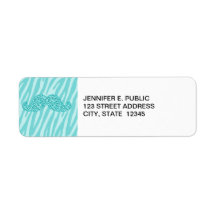 GIRLY TEAL GLITTER MUSTACHE ZEBRA STRIPES LABELS