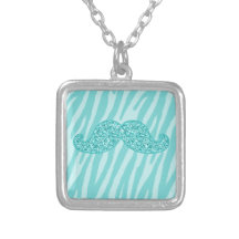 GIRLY TEAL GLITTER MUSTACHE ZEBRA STRIPES CUSTOM NECKLACE