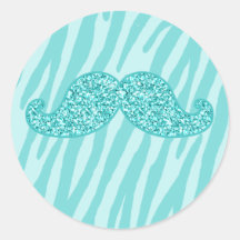 GIRLY TEAL GLITTER MUSTACHE ZEBRA STRIPES ROUND STICKER