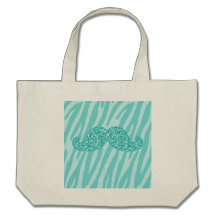 GIRLY TEAL GLITTER MUSTACHE ZEBRA STRIPES TOTE BAG