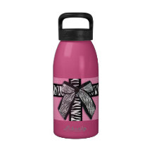 Girly zebra ribbon & bow, pink polka dots water bottles