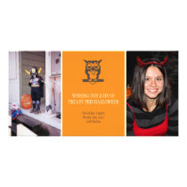 Give a hoot cute owl orange Halloween two photos photo cards