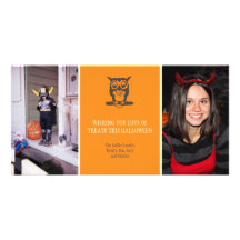 Give a hoot cute owl orange Halloween two photos Photo Greeting Card