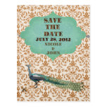 Glam Peacock Golden Damask Save the Date Postcard