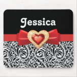Glamourous Black white damask & red bow and jewel Mouse Pads